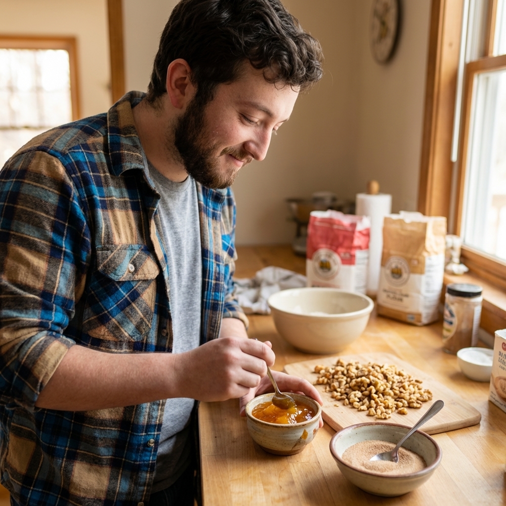 A single real photograph of apricot jam in a small bowl next to chopped walnuts and a bowl of cinnamon sugar on a kitchen counter, baking prep scene