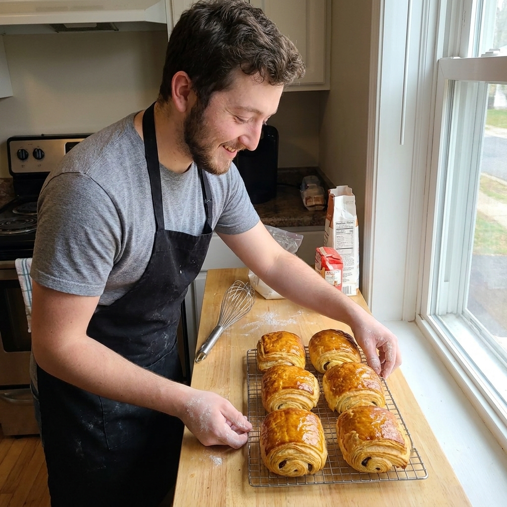 A single real photograph of baked pain au chocolat cooling on a wire rack, showing flaky laminated layers and a glossy egg-washed top in natural window light