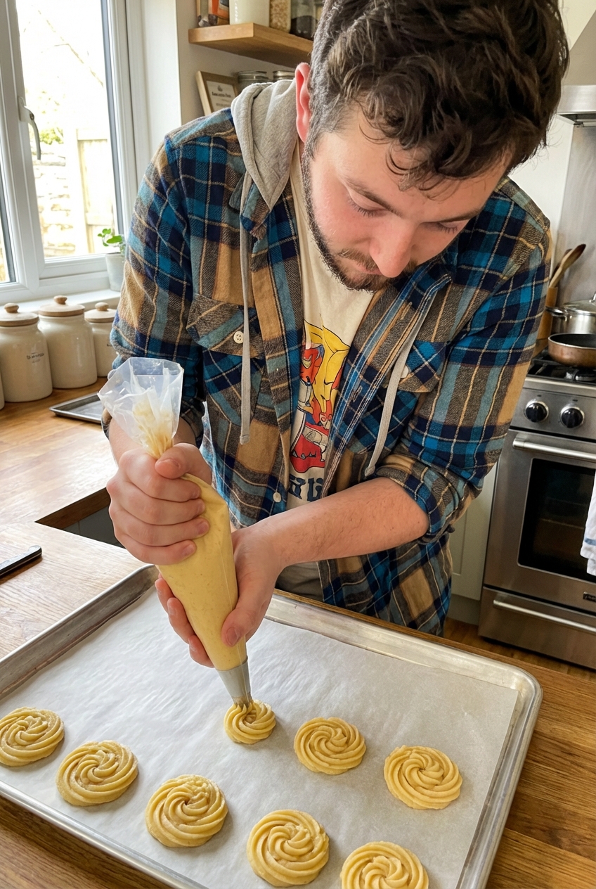 A single real photograph of butter cookie dough being piped in a spiral onto a parchment lined baking sheet, with a hand holding a piping bag in a home kitchen