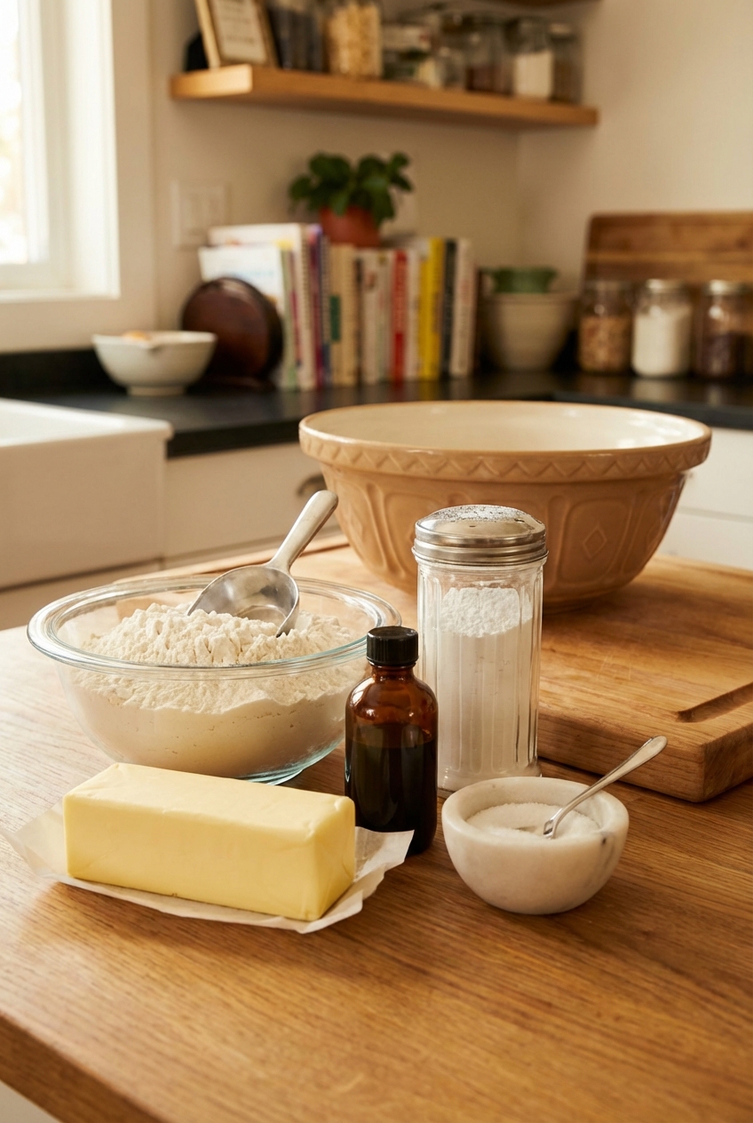 A single real photograph of butter, flour, powdered sugar, vanilla, and salt arranged on a kitchen counter with a mixing bowl in the background