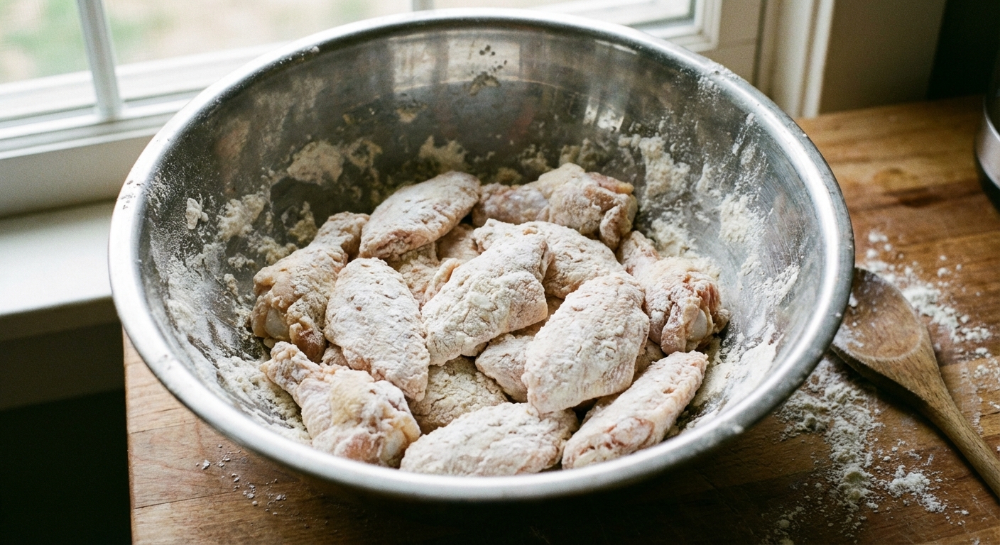 A single real photograph of chicken wings coated in a pale, powdery cornstarch and flour mixture in a large mixing bowl