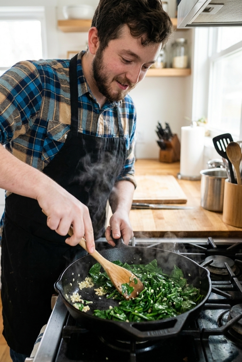 A single real photograph of chopped spinach sautéing with garlic in a black skillet, steam rising, with a wooden spoon stirring