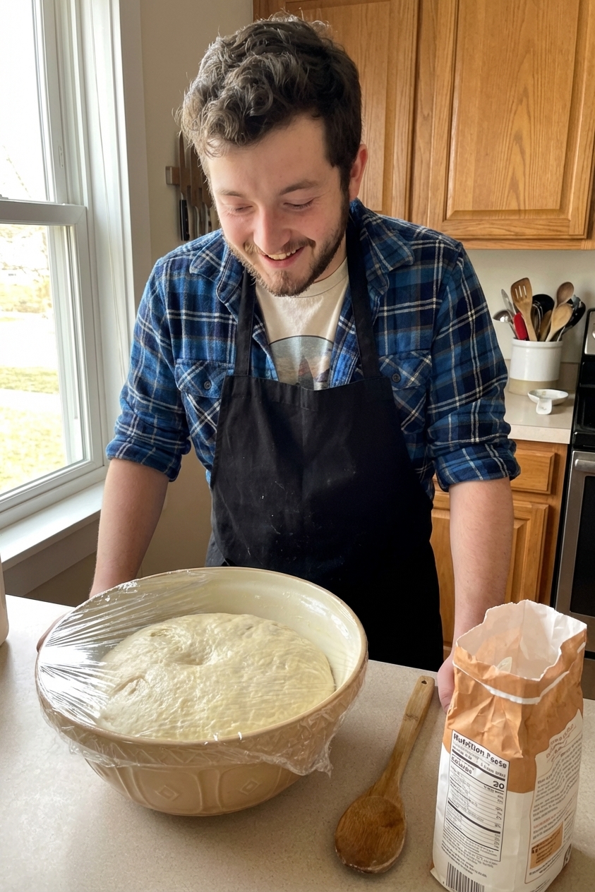A single real photograph of cinnamon roll dough rising in a lightly oiled bowl, covered with plastic wrap on a kitchen counter, with a wooden spoon and flour nearby