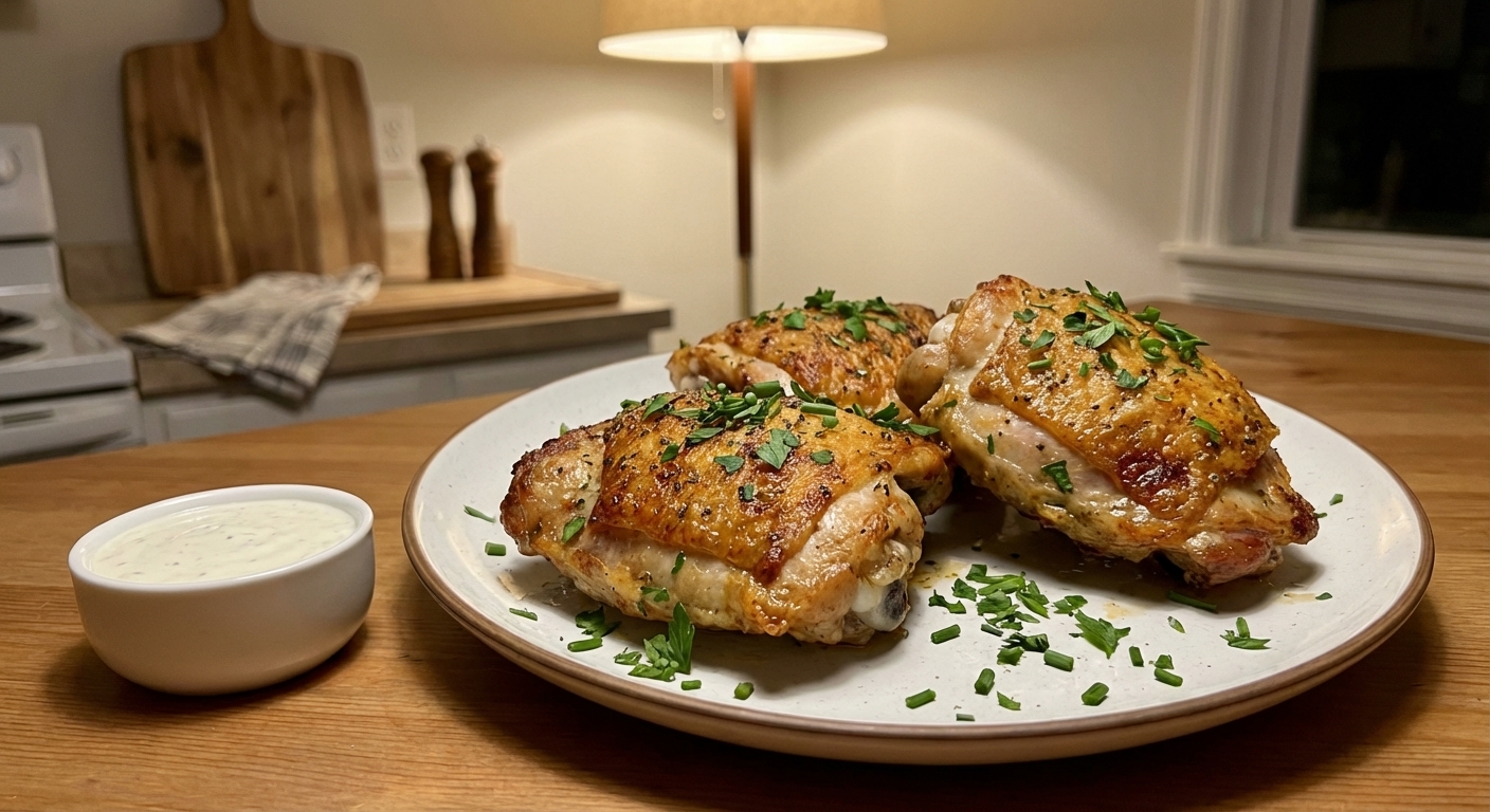 A single real photograph of cooked air fryer chicken thighs with crispy skin on a dinner plate, garnished with chopped herbs, with a small bowl of ranch dipping sauce nearby, warm home kitchen lighting