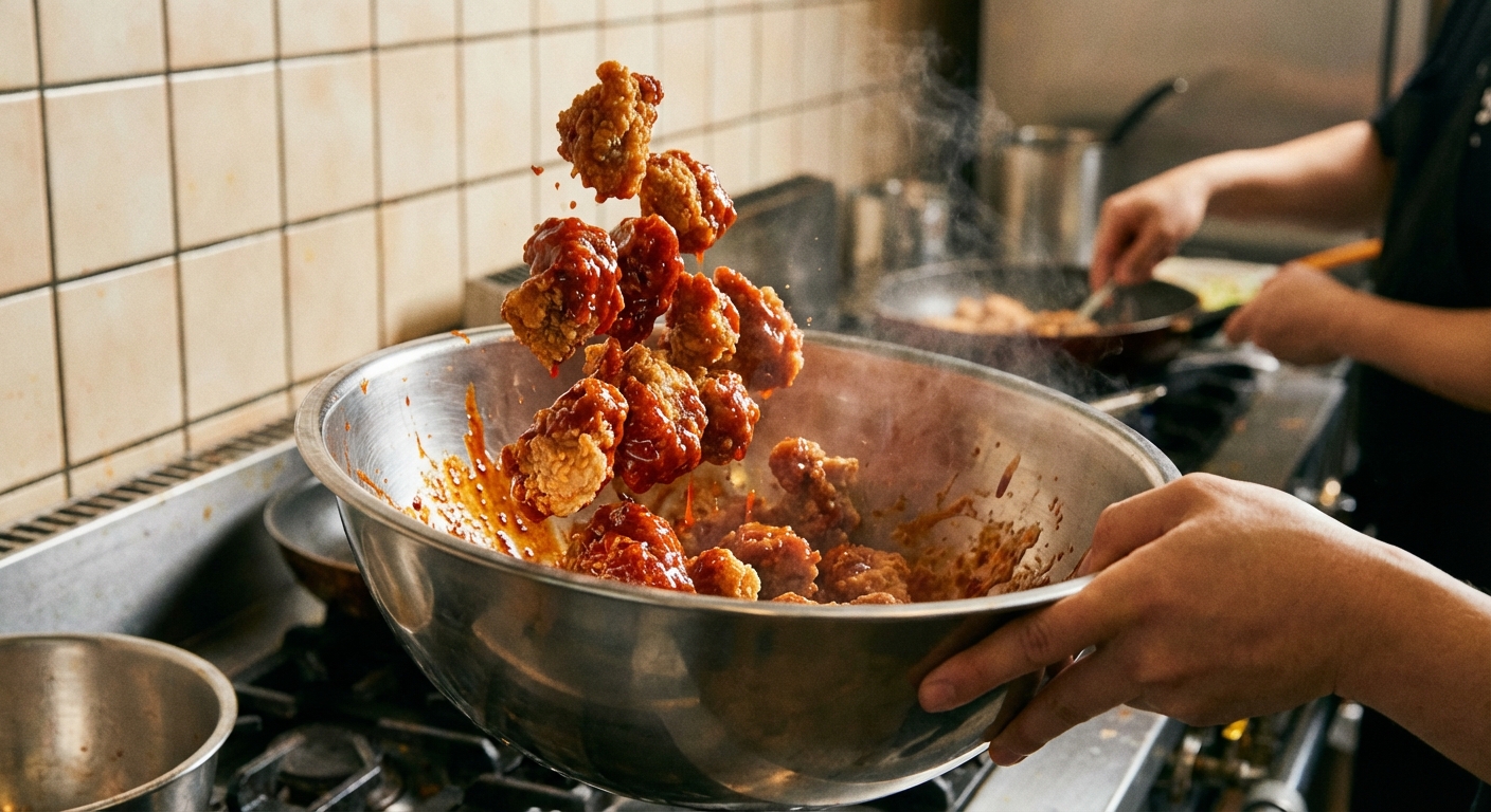 A single real photograph of crispy fried chicken being tossed in a stainless steel mixing bowl with a glossy red gochujang sauce