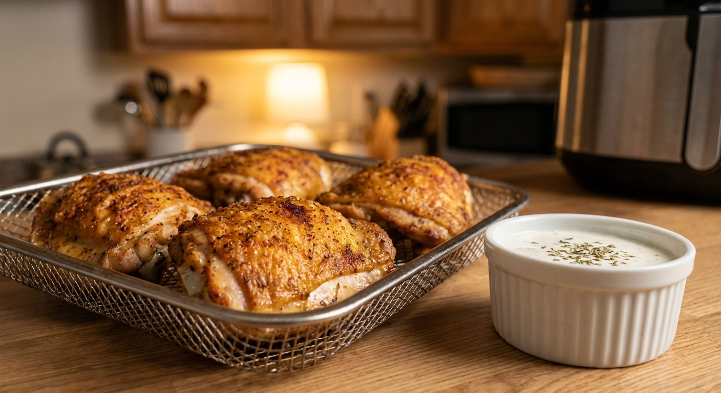 A single real photograph of crispy golden-brown chicken thighs with seasoned skin arranged in an air fryer basket, with a small ramekin of ranch dipping sauce on the side, warm kitchen lighting, shallow depth of field