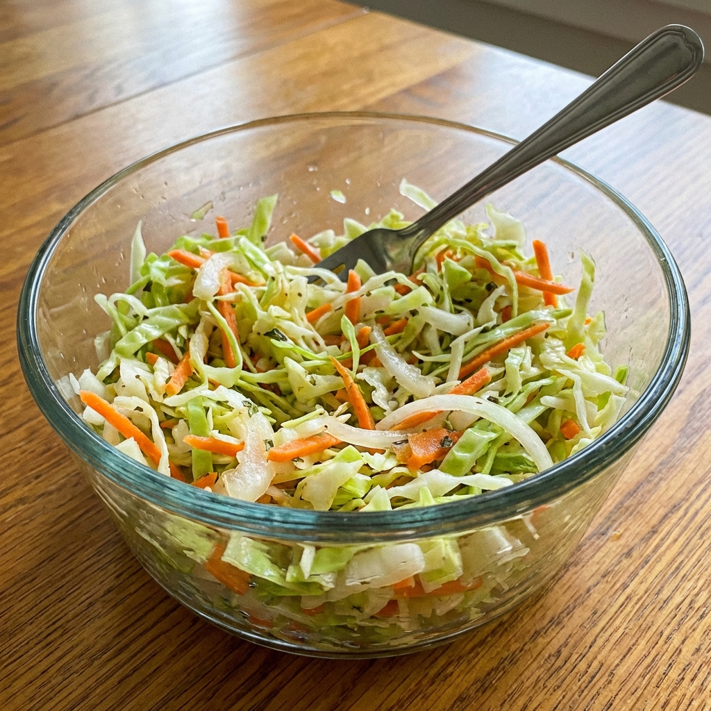 A single real photograph of curtido cabbage slaw in a glass bowl with a fork