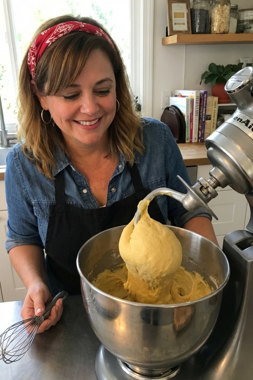 A single real photograph of enriched dough being kneaded in a stand mixer bowl with a dough hook, with the dough pulling away from the sides