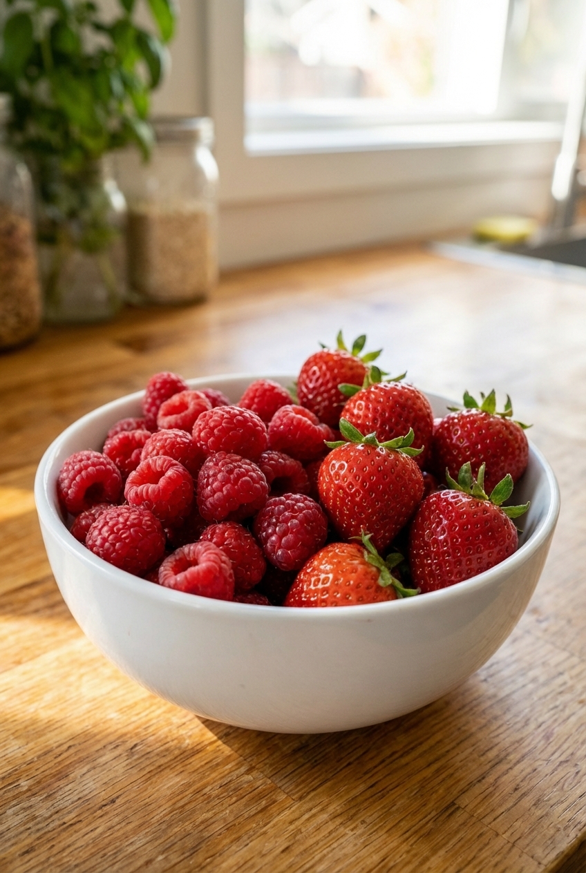 A single real photograph of fresh raspberries and strawberries in a white bowl on a bright table