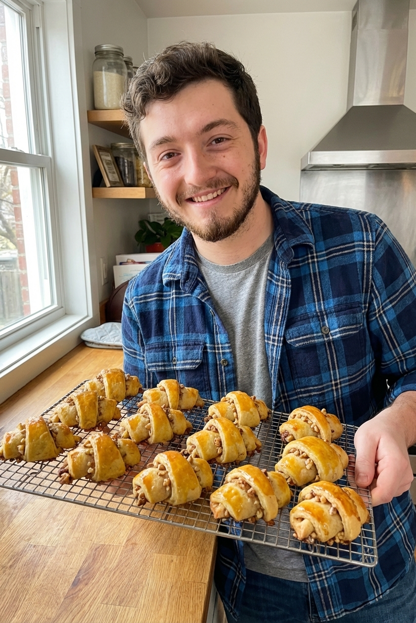 A single real photograph of freshly baked golden rugelach cooling on a wire rack with visible walnut pieces and glossy tops