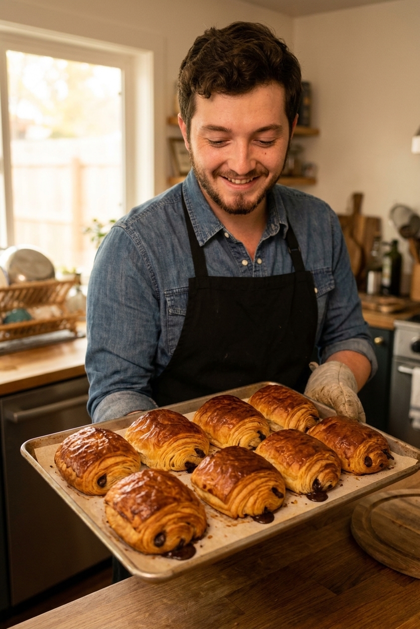 A single real photograph of freshly baked pain au chocolat on a parchment-lined baking tray, deeply golden with visible flaky layers and a little melted chocolate at one end, warm kitchen lighting