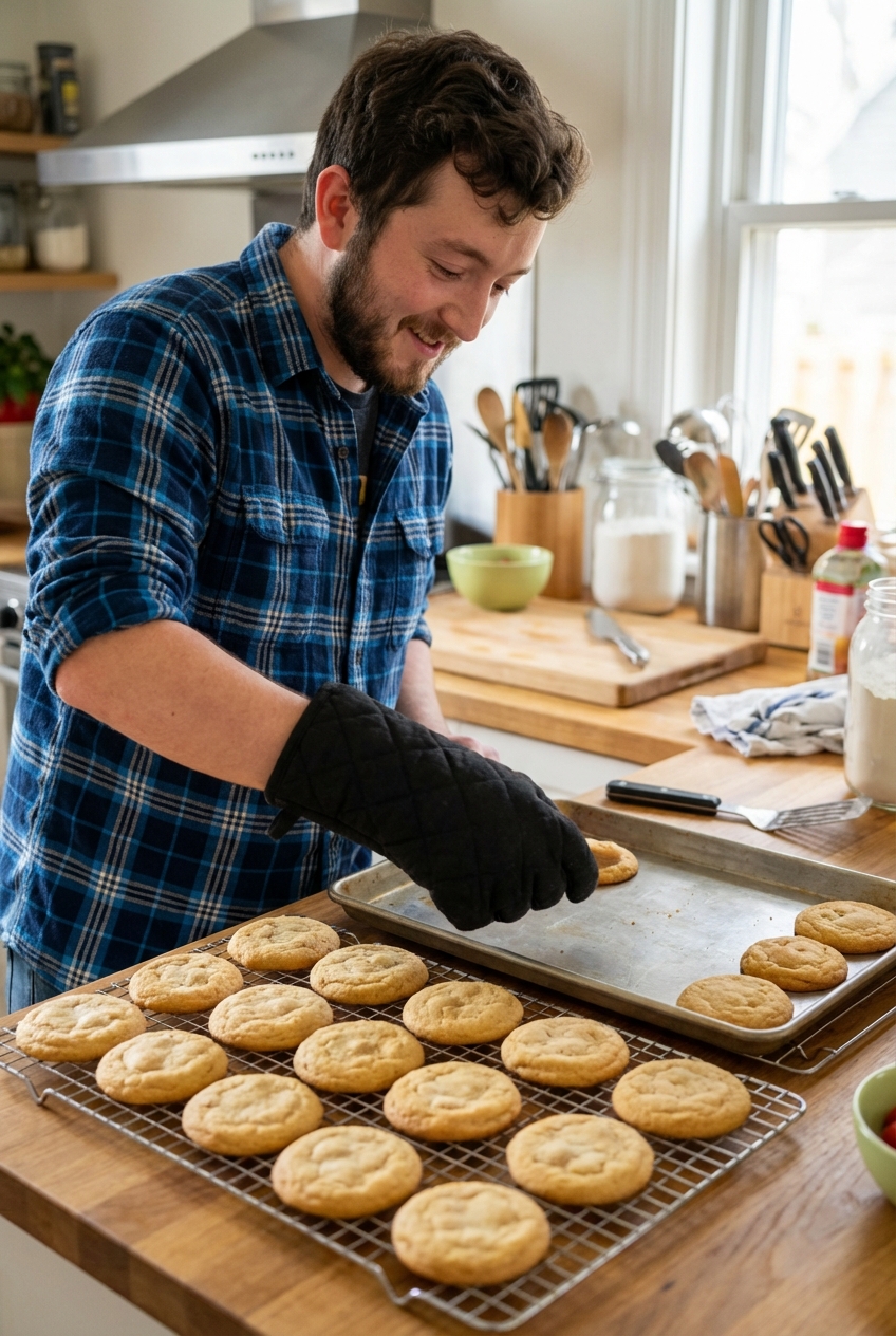 A single real photograph of freshly baked soft sugar cookies cooling on a wire rack with a few still on the baking sheet