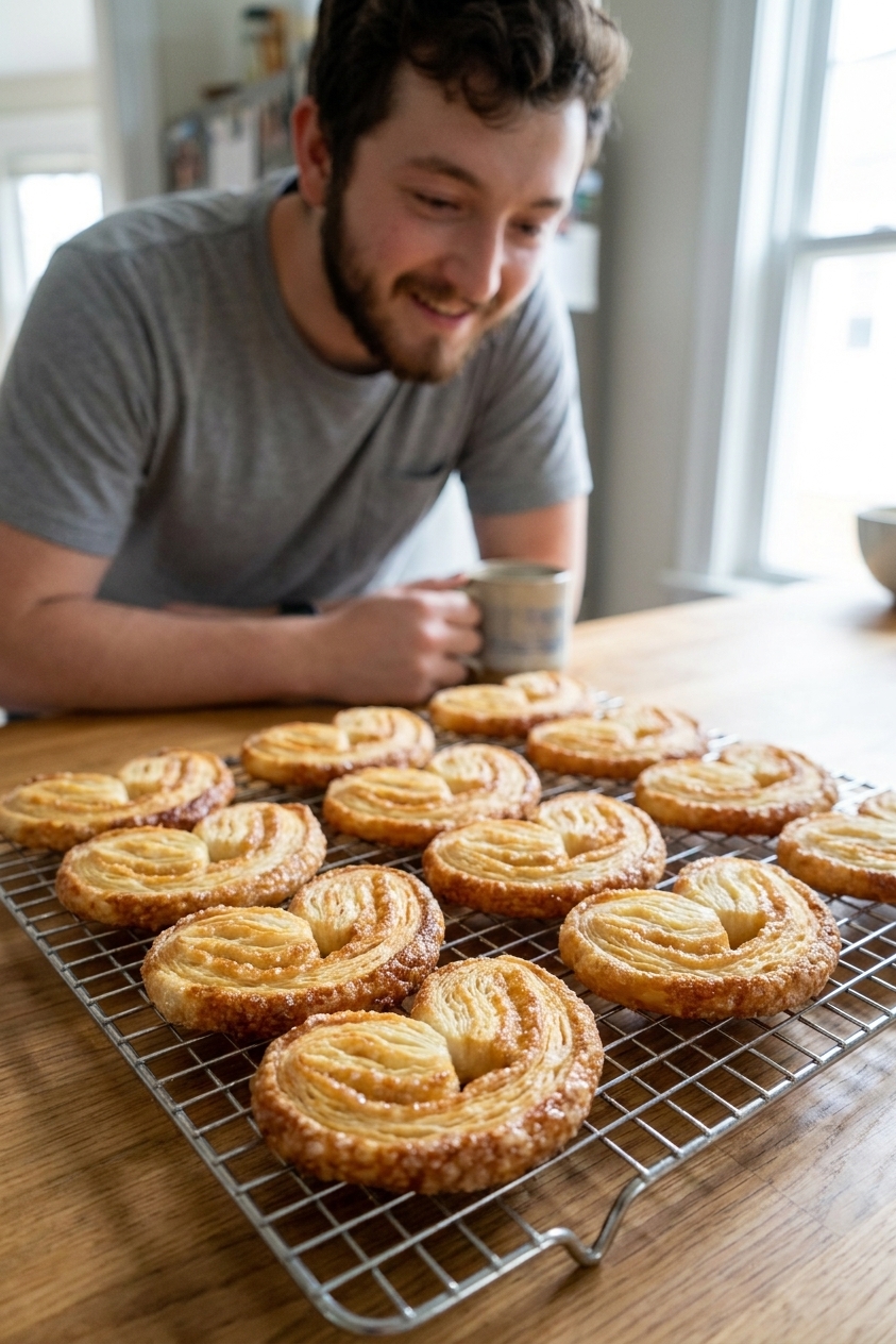 A single real photograph of freshly baked sweet palmiers cooling on a metal wire rack with visible flaky layers and caramelized sugar