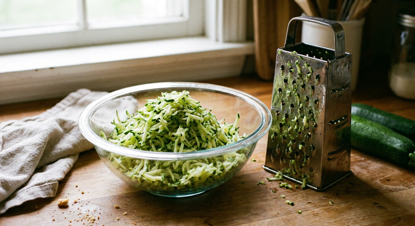 A single real photograph of freshly grated zucchini in a glass mixing bowl on a kitchen counter, with a box grater nearby