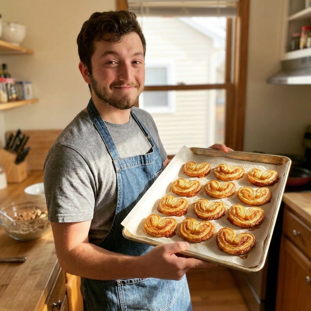 A single real photograph of golden, heart-shaped sweet palmiers with visibly caramelized sugar and flaky layers on a parchment-lined baking sheet, warm natural kitchen light