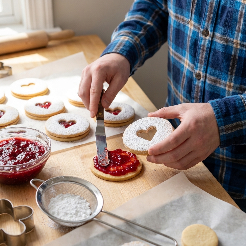 A single real photograph of hands assembling raspberry Linzer sandwich cookies, spreading jam on a cookie base and placing a powdered sugar cutout top over it