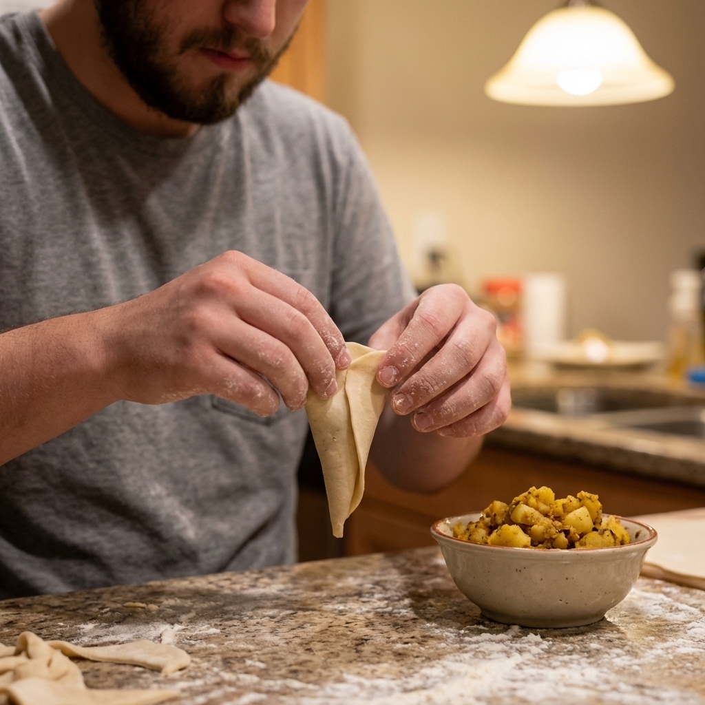 A single real photograph of hands folding a samosa cone from a rolled dough strip on a floured countertop, with a small bowl of potato filling nearby, warm kitchen lighting, close-up