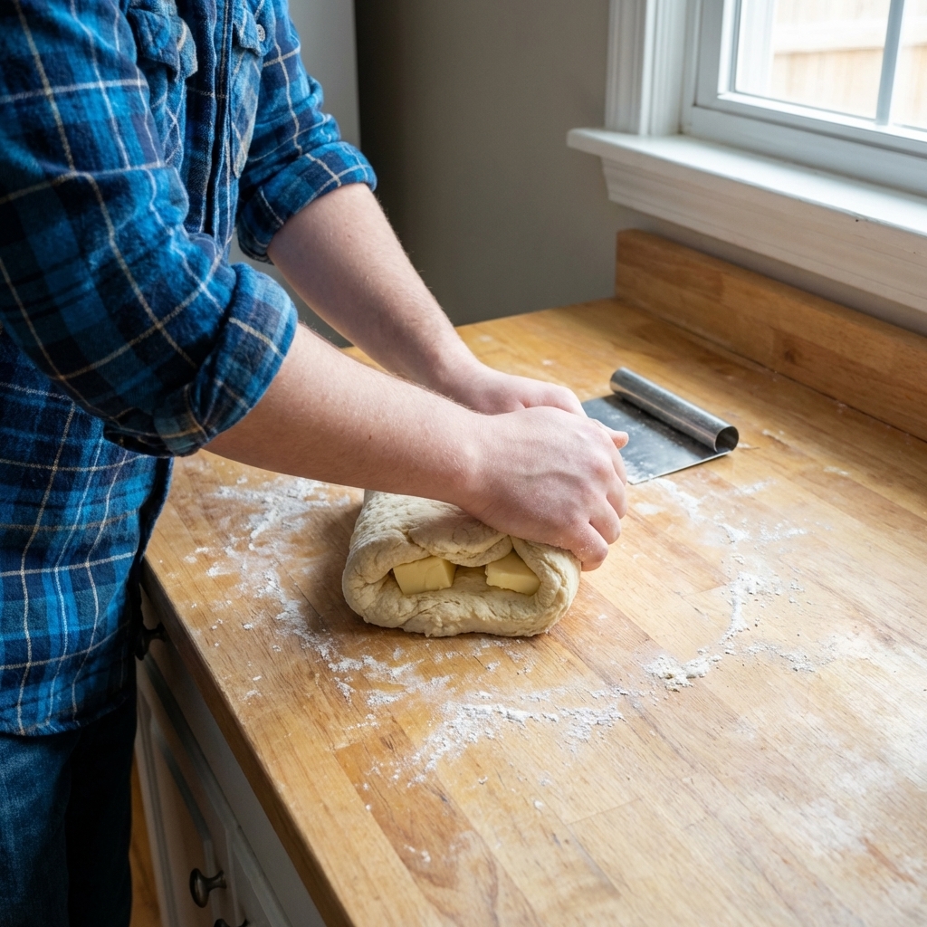 A single real photograph of hands folding biscuit dough on a lightly floured wooden countertop with visible butter pieces in the dough, a metal bench scraper nearby, natural kitchen lighting