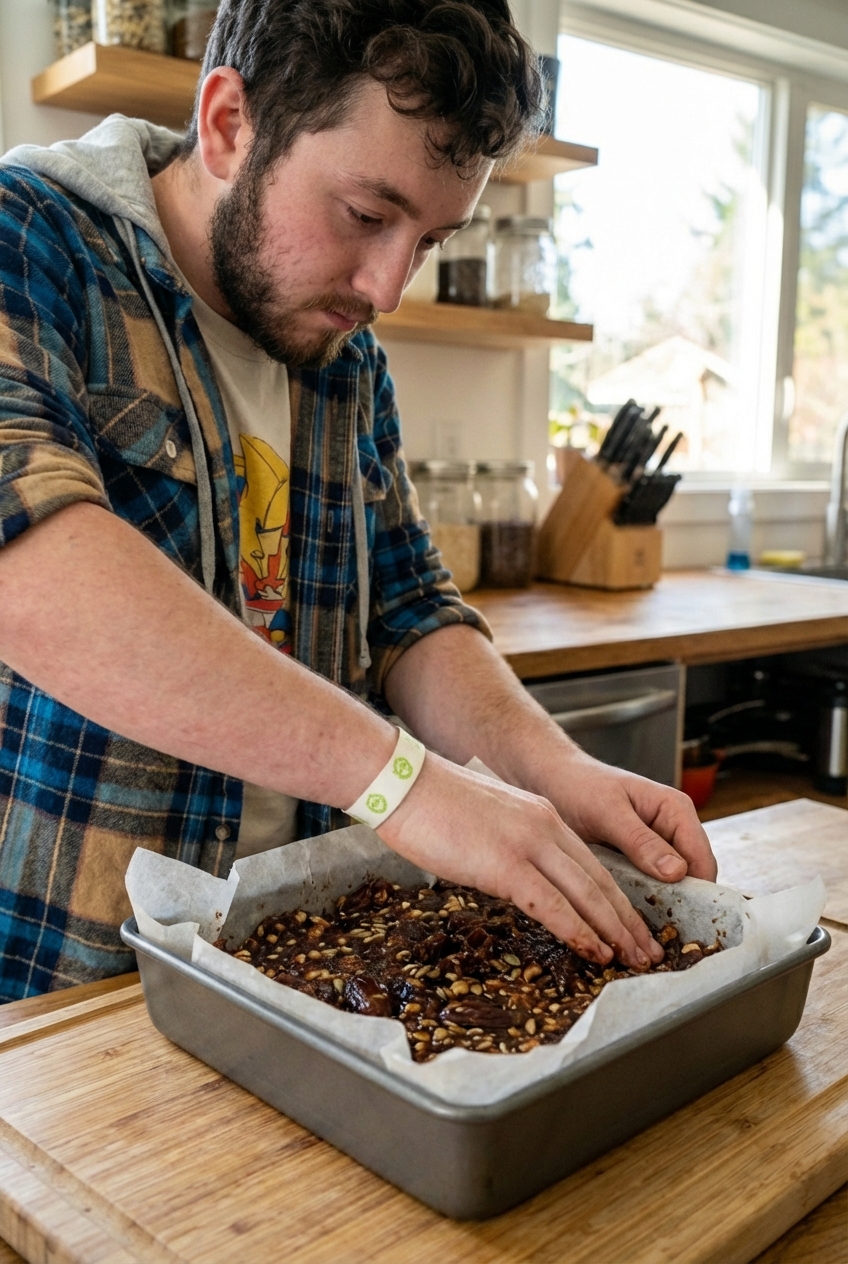 A single real photograph of hands pressing a sticky nut and date mixture into a parchment-lined square pan