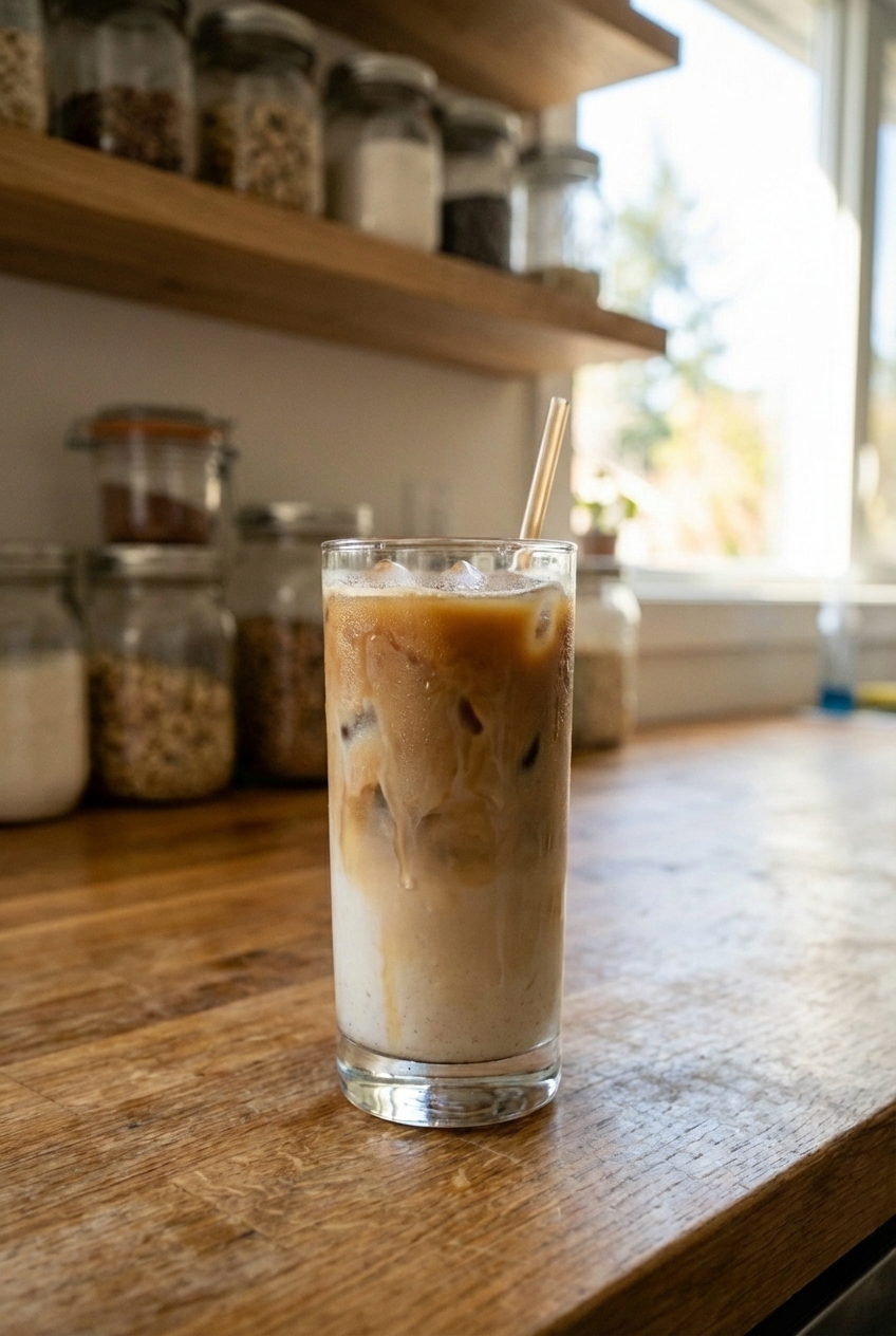 A single real photograph of iced coffee with milk in a tall glass with condensation