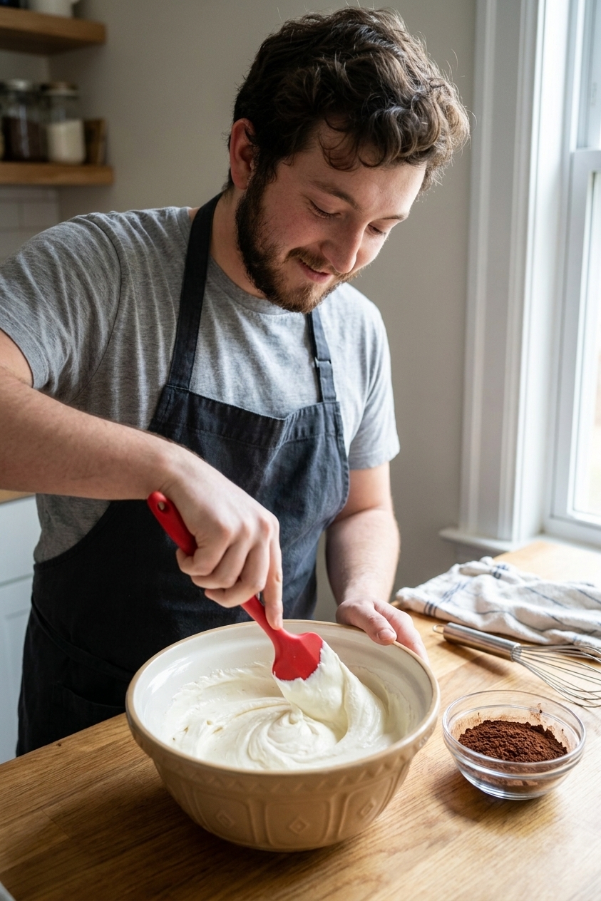 A single real photograph of mascarpone cream being whisked in a large mixing bowl with a silicone spatula and a small bowl of cocoa powder nearby on a kitchen counter