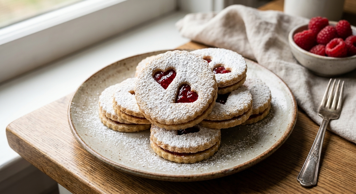 A single real photograph of raspberry almond Linzer sandwich cookies stacked on a plate, dusted with powdered sugar, with bright raspberry jam peeking through heart-shaped cutouts, natural window light