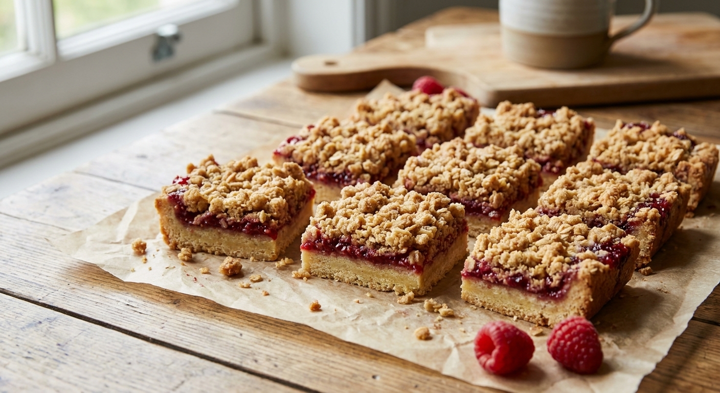 A single real photograph of raspberry oat crumble bars sliced into neat squares on parchment paper, showing a buttery shortbread base, vivid raspberry filling, and golden oat crumble topping, natural window light
