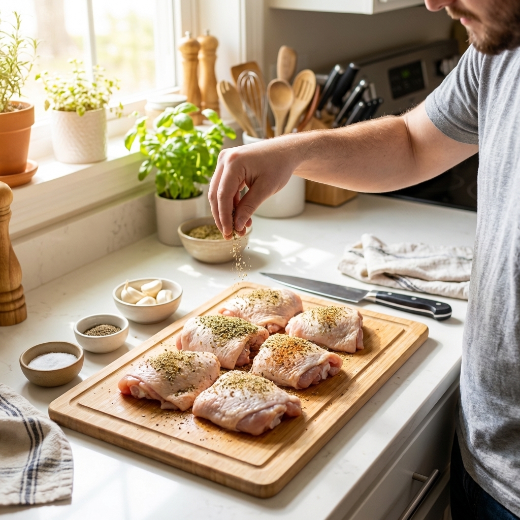 A single real photograph of raw chicken thighs on a cutting board being sprinkled with a garlic-herb seasoning blend, with small bowls of spices nearby, bright natural kitchen light