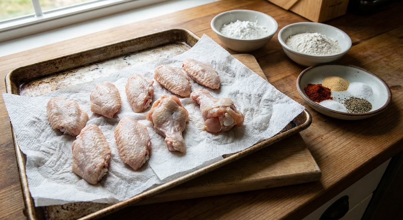 A single real photograph of raw chicken wings and drumettes patted dry on a sheet pan with paper towels, with small bowls of cornstarch, flour, and seasonings nearby