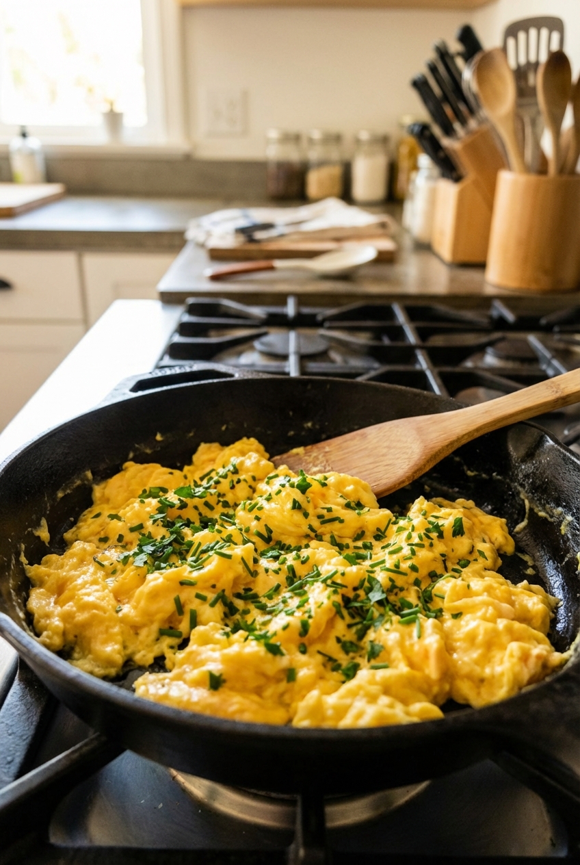 A single real photograph of scrambled eggs topped with chopped herbs in a skillet