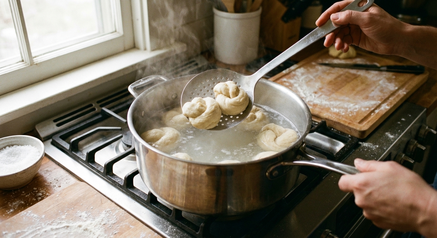 A single real photograph of shaped raw pretzel buns being lowered into a wide pot of gently simmering water with baking soda, using a slotted spoon, stovetop cooking scene, natural light