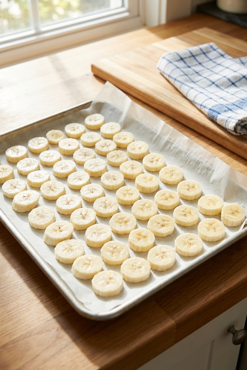 A single real photograph of sliced bananas spread in an even layer on a parchment-lined baking sheet, ready to freeze, shot from overhead with bright natural light, photorealistic kitchen scene