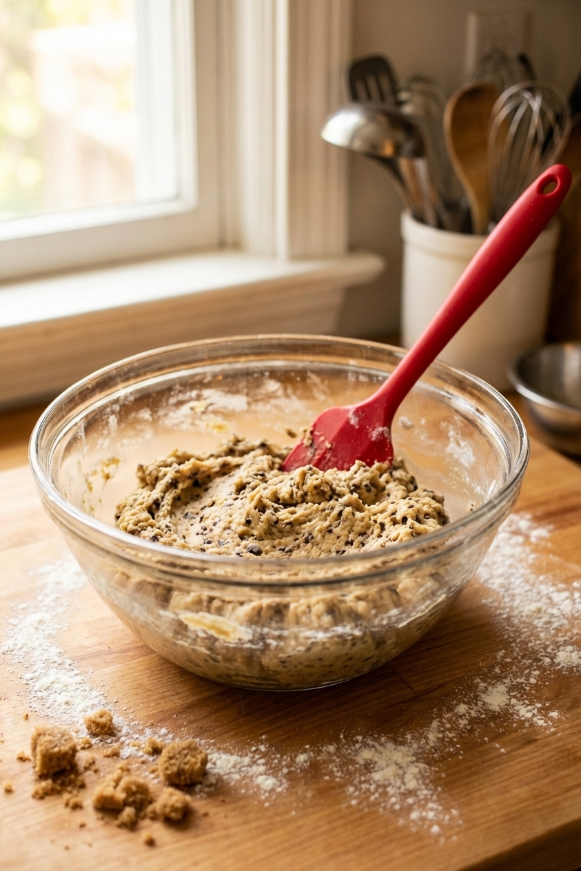 A single real photograph of sourdough discard cookie dough in a mixing bowl with a rubber spatula resting inside, flour and brown sugar visible on the countertop, home kitchen lighting