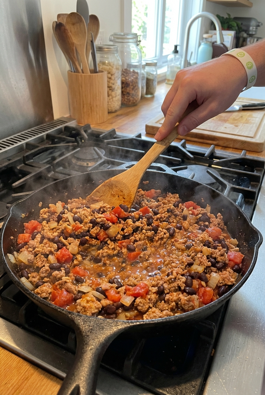 A single real photograph of spiced pork and bean filling simmering in a skillet with a wooden spoon