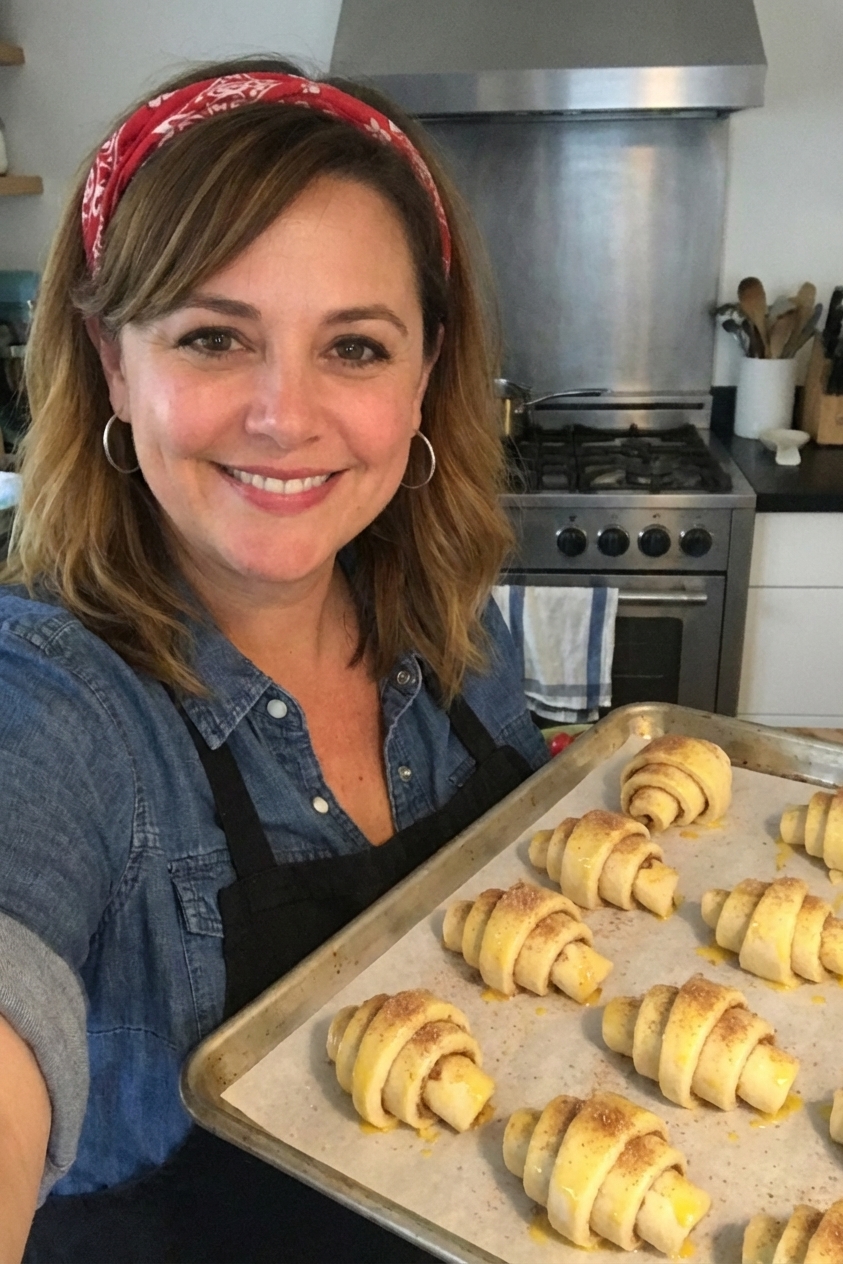 A single real photograph of unbaked rugelach spirals arranged seam-side down on a parchment-lined baking sheet, ready for the oven