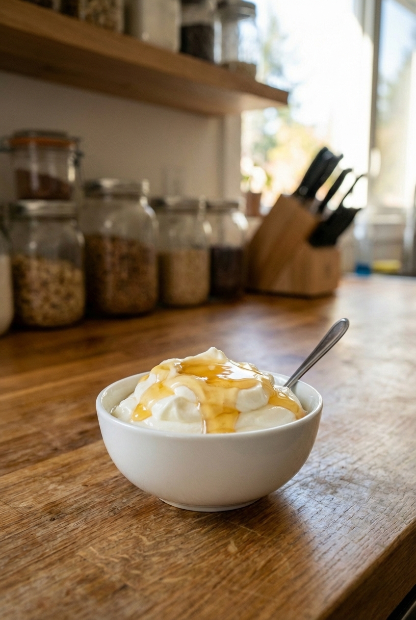 A single real photograph of vanilla Greek yogurt in a small bowl topped with honey