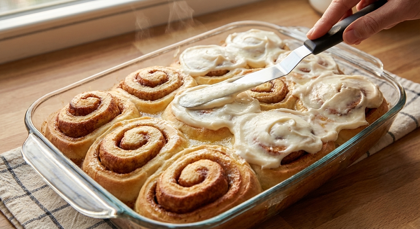 A single real photograph of warm cinnamon rolls in a baking dish as cream cheese frosting is being spread over the tops with an offset spatula