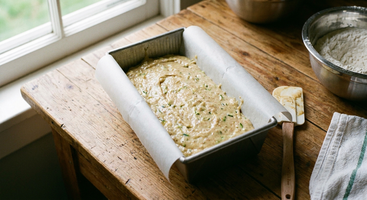 A single real photograph of zucchini bread batter smoothed in a parchment-lined loaf pan on a kitchen counter