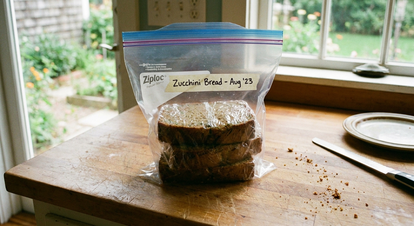 A single real photograph of zucchini bread slices wrapped and placed in a labeled freezer bag on a kitchen counter