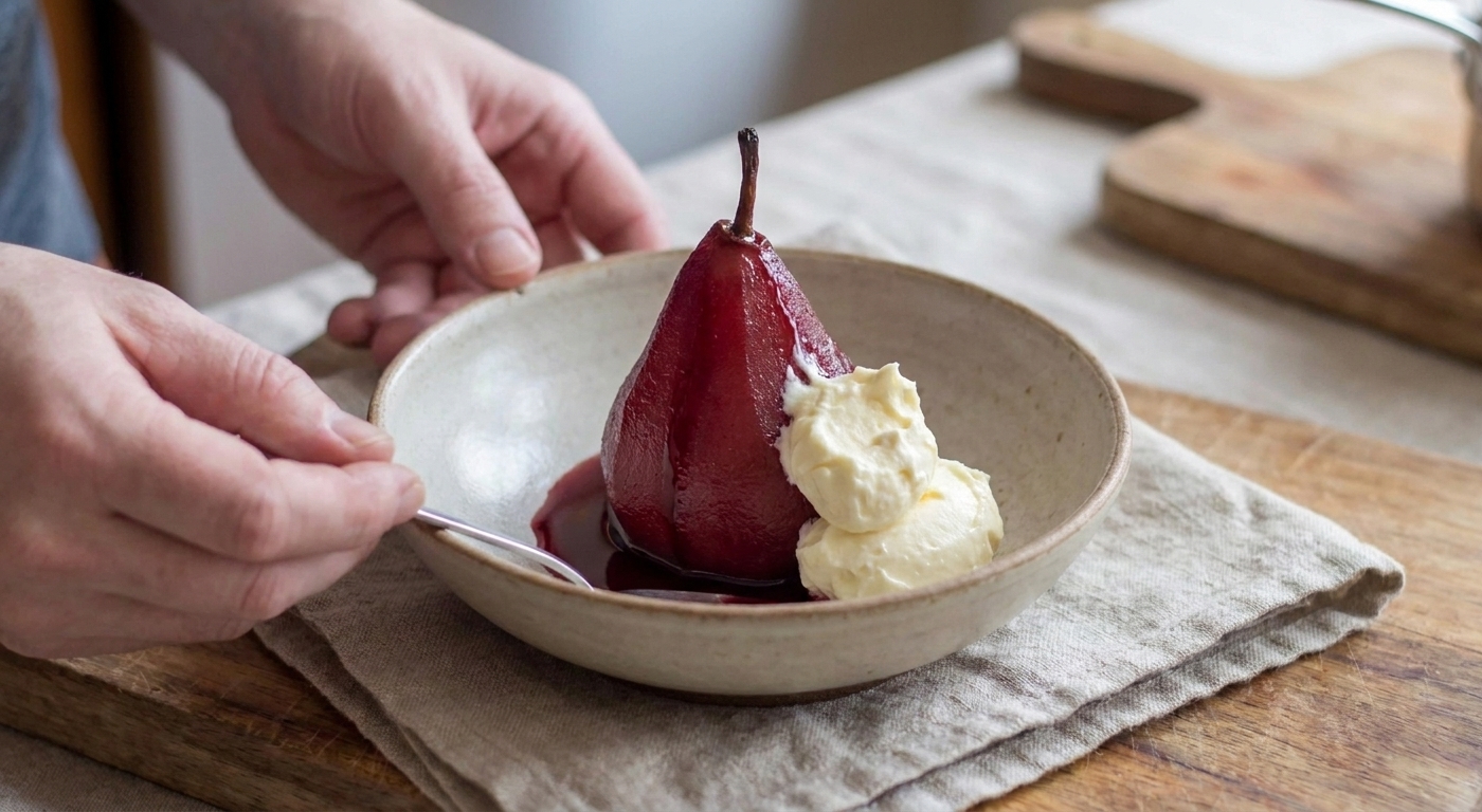A single red wine poached pear standing in a shallow white bowl with syrup pooled around it and a dollop of mascarpone on the side, set on a neutral linen napkin