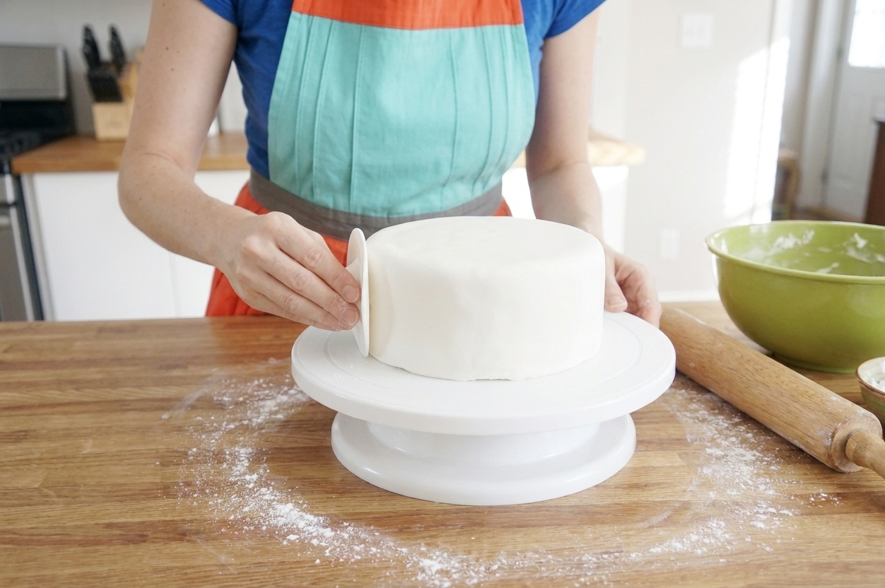 A single round cake smoothly covered in white fondant on a turntable in a bright home kitchen