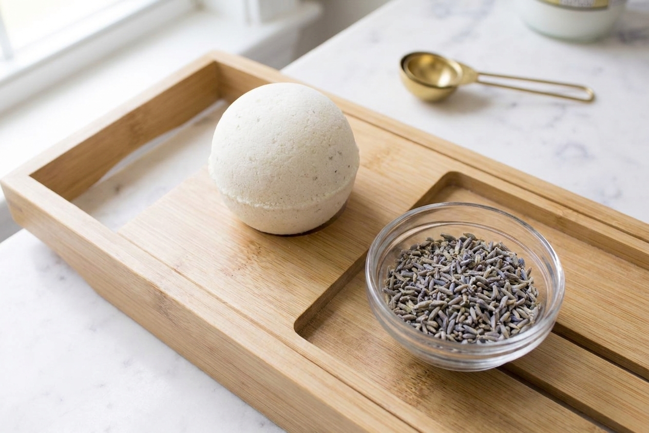 A single round homemade bath bomb on a wooden bath tray beside a small glass bowl of dried lavender, in soft natural bathroom light