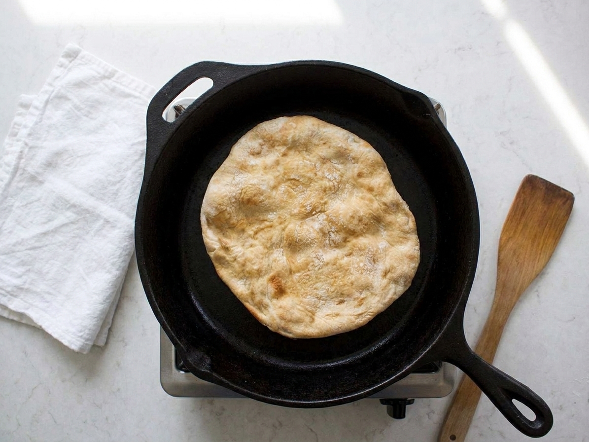 A single round of unleavened flatbread cooking in a cast iron skillet with bubbles forming on the surface