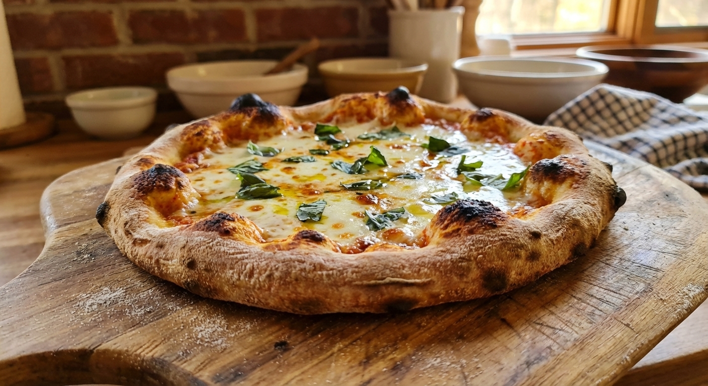 A single rustic homemade pizza on a wooden peel with a blistered, golden crust and visible airy bubbles around the edge, topped with melted mozzarella and fresh basil in warm kitchen light, photorealistic food photography