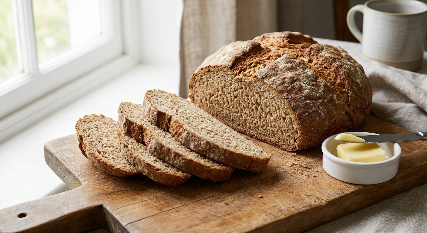A single rustic loaf of Irish brown bread on a wooden cutting board with a few sliced pieces fanned out, showing a dense wholemeal crumb, with a small dish of butter nearby and soft natural window light, photorealistic food photography