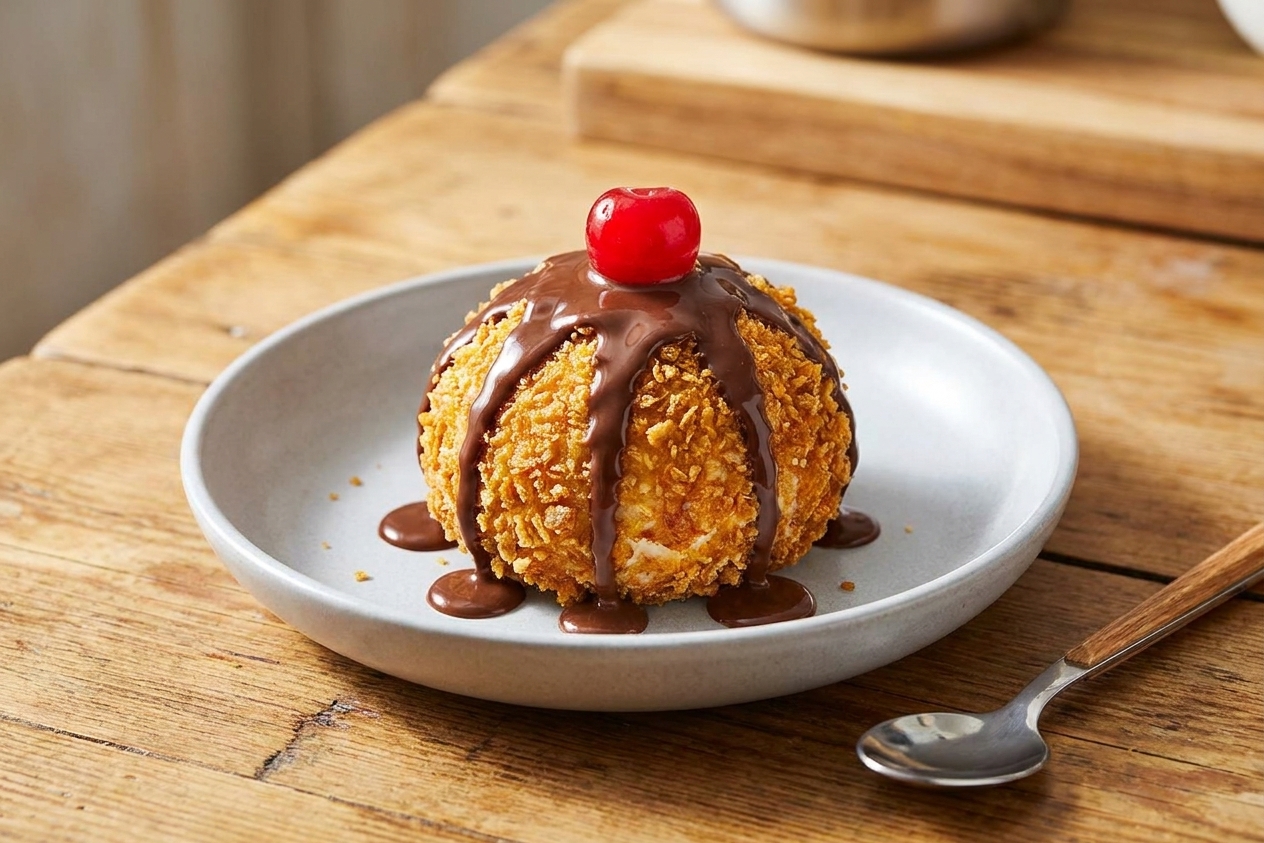 A single scoop of fried ice cream with a golden crunchy coating in a shallow bowl, topped with chocolate sauce and a cherry on a wooden table