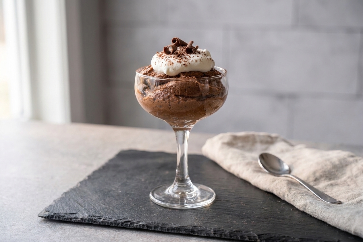 A single serving of chocolate mousse in a coupe glass topped with whipped cream and chocolate curls on a simple table setting