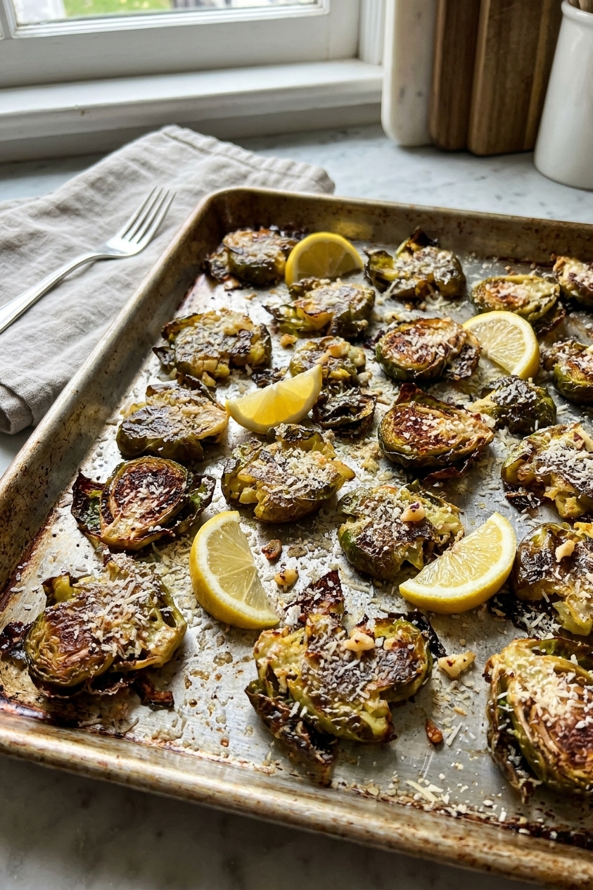 A single sheet pan of crispy smashed Brussels sprouts with lacy browned edges, topped with grated Parmesan, flecks of garlic, and lemon wedges on the side, natural kitchen light