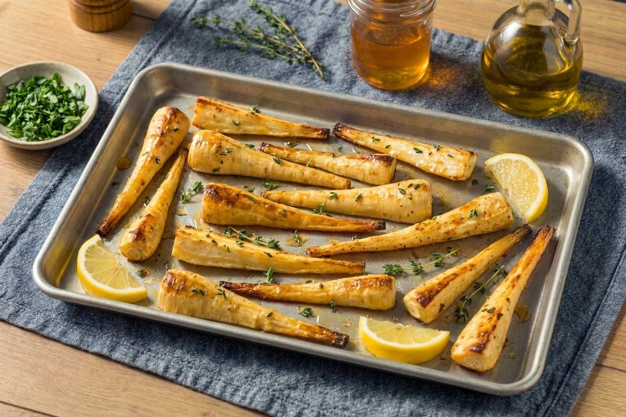 A single sheet pan of honey roasted parsnips with caramelized edges, scattered thyme leaves, and lemon wedges on a warm-toned kitchen counter