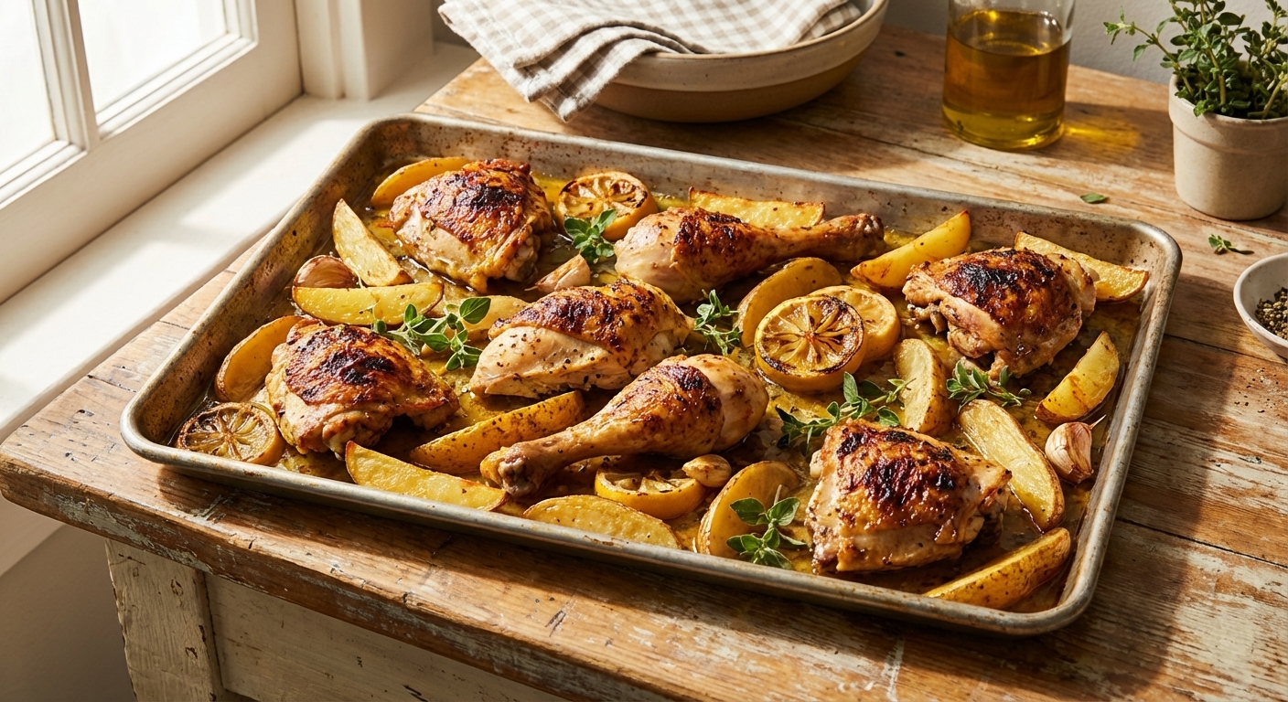 A single sheet pan of roasted Greek lemon chicken pieces with crispy skin and golden potato wedges, glistening with lemon-garlic pan juices on a wooden countertop, natural light food photography